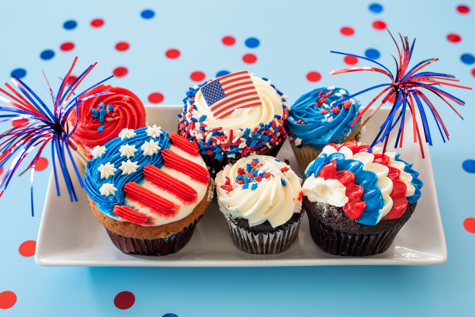 Closeup of red white and blue cupcakes decorated for the Fourth of July